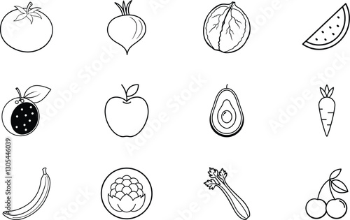 Fruits and Vegetables Line Art Icons Simple, Clean, and Delicious