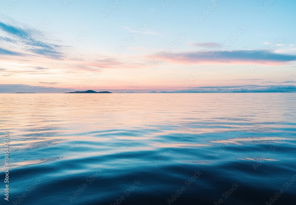 Fototapeta premium Tranquil Ocean View at Sunset with Soft Waves Reflecting Colorful Sky and Distant Islands under Gentle Light in Peaceful Atmosphere