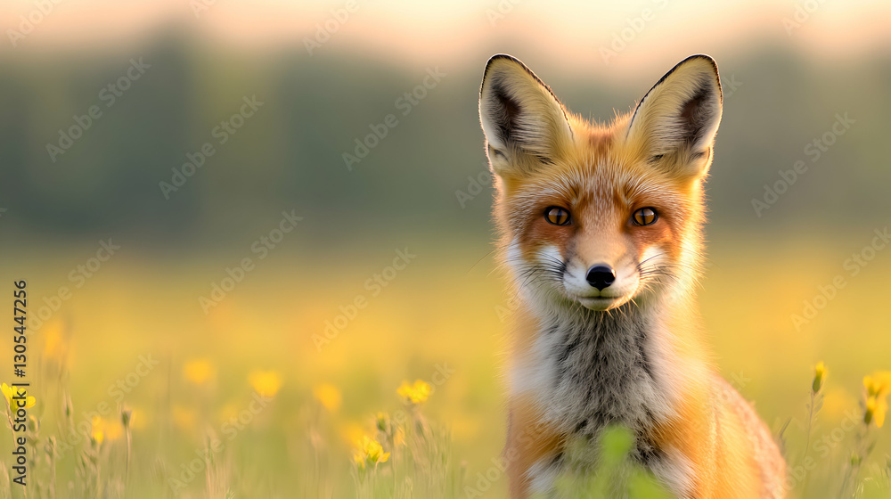 Obraz premium A stunning close-up of a fox in a vibrant field of wildflowers, showcasing its expressive eyes and rich orange fur against a soft, blurred background. Nature at its finest.