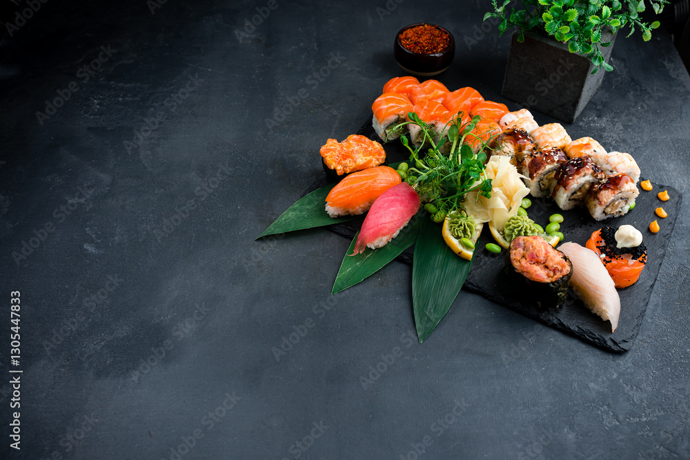 Fototapeta premium Set of sushi, maki on stone table. Top view with copy space