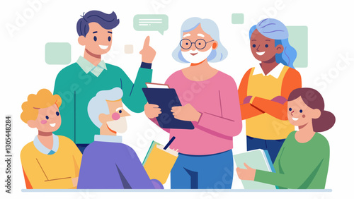 The group of elderly participants eagerly jot down notes as the teacher discusses the importance of vitamins and minerals for aging bodies.. Vector illustration