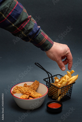Chicken stripes and french fries with tomato sauce and mans hand