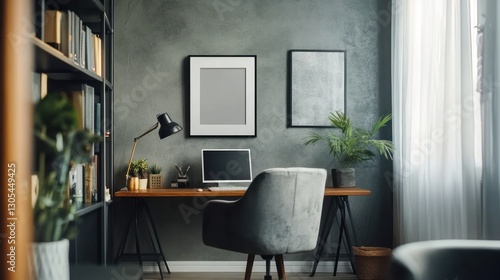 Wallpaper Mural Modern home office with gray walls and wooden desk. Suitable for interior design, work from home, or office inspiration Torontodigital.ca
