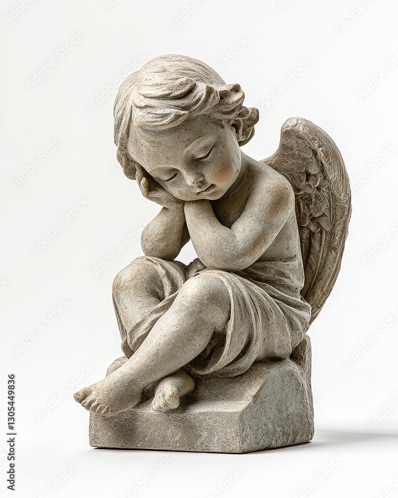 Obraz premium Sleeping Angel Statue on white, symbolizing peace & serenity. Perfect for sympathy cards, memorial designs, spiritual or religious themes, and funeral announcements.
