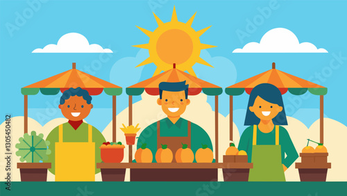 The sun beats down on the stalls casting a golden glow on the wrinkled faces of the veteran farmers whose resilience and hard work are evident in every product they sell.. Vector illustration