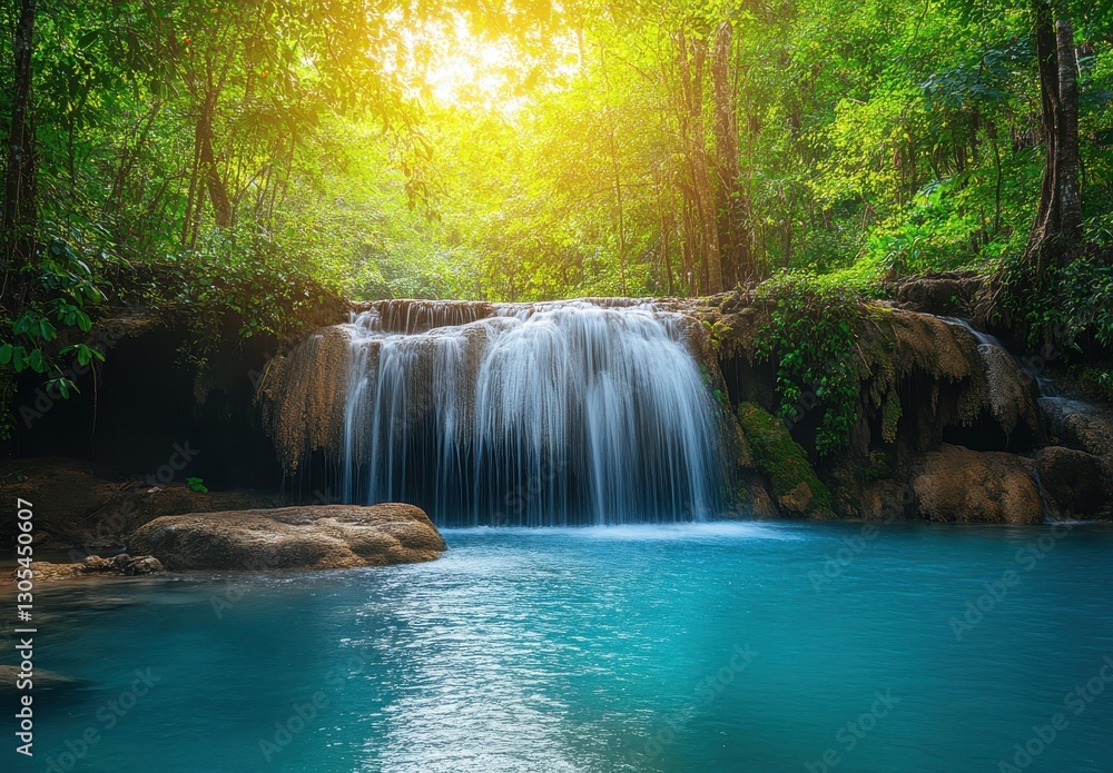 Tranquil Waterfall in Lush Green Forest with Sunlight Streaming through Trees, Crystal Clear Water Cascading Down Rocks Tranquil Waterfall in Lush Green Forest with Sunlight Streaming through Trees, Crystal Clear Water Cascading Down Rocks