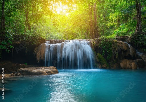 Tranquil Waterfall in Lush Green Forest with Sunlight Streaming through Trees, Crystal Clear Water Cascading Down Rocks