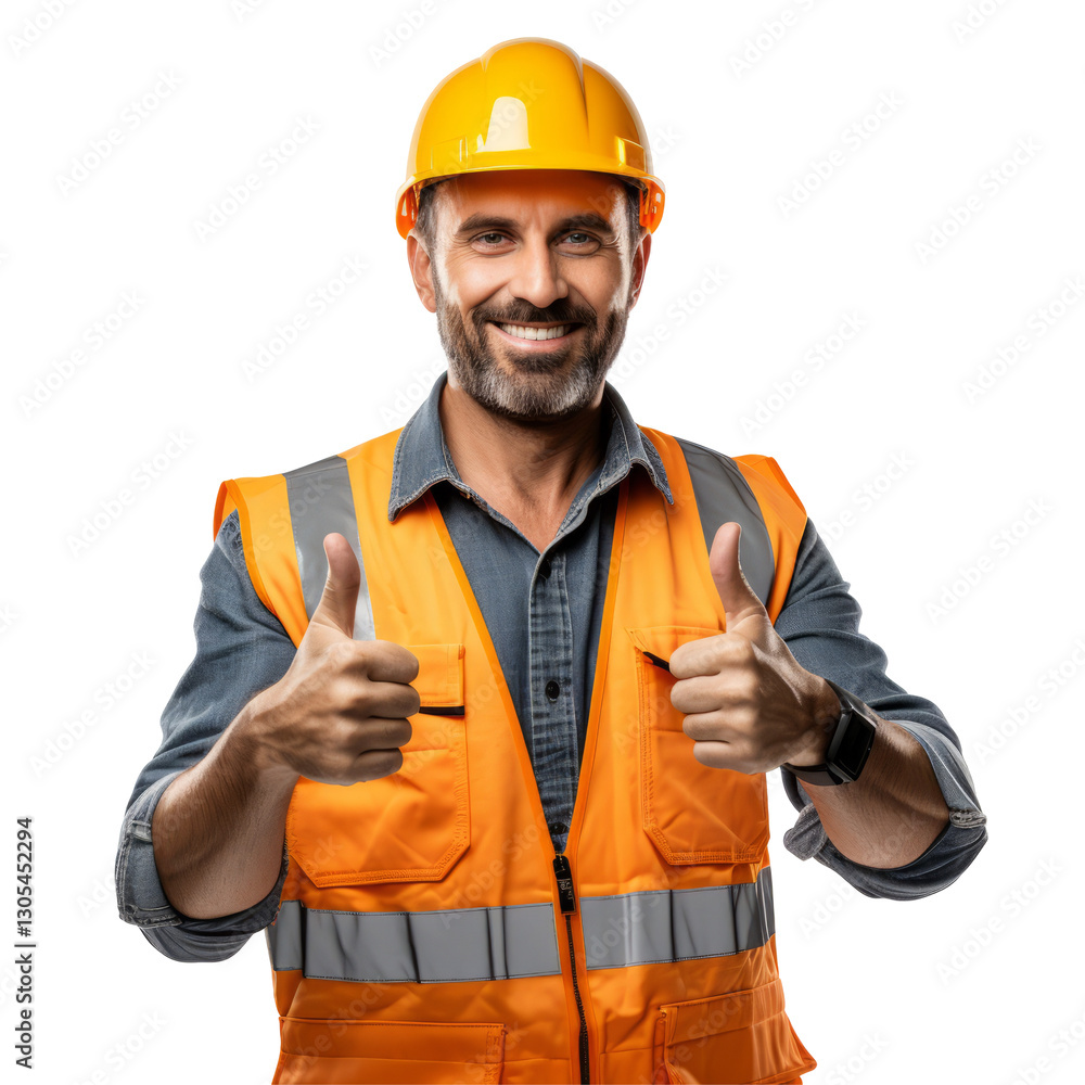 Smiling construction worker in safety vest and helmet giving thumbs up isolated on transparent background Smiling construction worker in safety vest and helmet giving thumbs up isolated on transparent background
