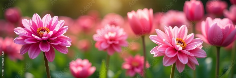 Beautiful pink dahlias and tulips blooming in a pink flower garden, tulip, flora Beautiful pink dahlias and tulips blooming in a pink flower garden, tulip, flora