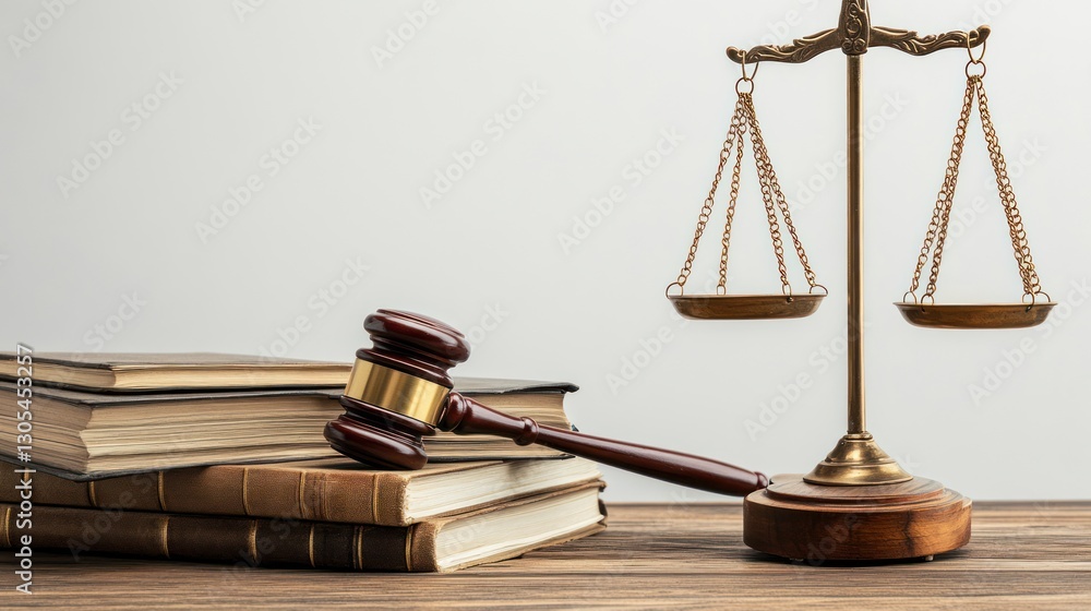 Law books, gavel, and scales of justice on wooden table Law books, gavel, and scales of justice on wooden table