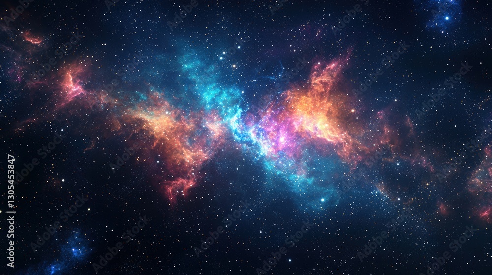 Naklejka premium Vibrant interstellar cloud with stars, symbolizing cosmic wonder and universal beauty. Ideal for astrophysics, space exploration, science fiction backgrounds.