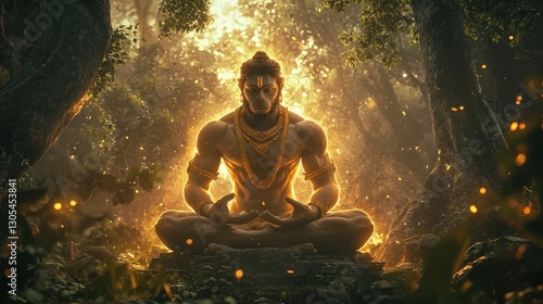 Enlightened deity meditating in a glowing forest, symbolizing inner peace and spiritual strength. Ideal for wellness, mythology, and mindfulness themes.
