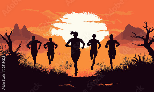 Silhouette Trail Runners at Sunset in Scenic Landscape Vector Illustration