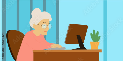 Old woman sitting at the table surfing in inet looking at the computer in the room. Concept