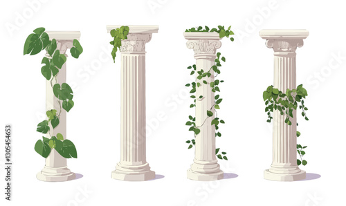Elegant Ancient Greek Columns with Greenery Vines Minimalist Vector Illustration