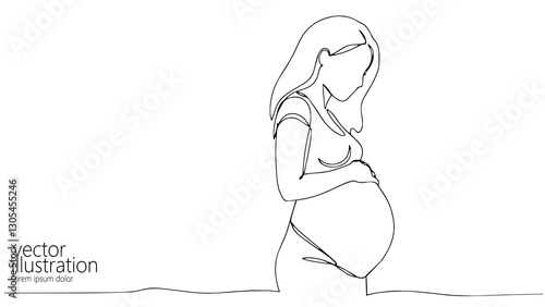 Pregnant woman holding belly. Motherhood pregnancy happiness. Maternity care parenting medical branding. One line art minimal drawing white background vector illustration