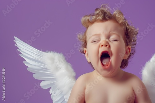 Cute little boy with angel wings isolated on purple background, Ai Generated