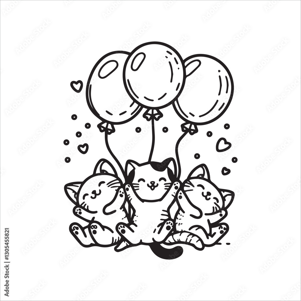 Cute Kittens with Balloons Celebrating a Special Occasion. Three adorable black and white kittens are depicted holding balloons in a celebratory setting. Cute Kittens with Balloons Celebrating a Special Occasion. Three adorable black and white kittens are depicted holding balloons in a celebratory setting.