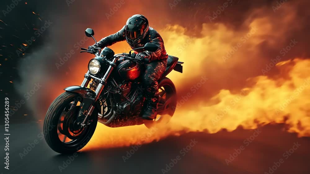 Action shot with man riding away from explosion on bike. Dynamic scene with fire in action movie blockbuster style Action shot with man riding away from explosion on bike. Dynamic scene with fire in action movie blockbuster style