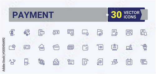 Payment icon set. Included icons as pay, terminal, on, financial, transfer, less and more. Thin linear style icons. Editable vector stroke.