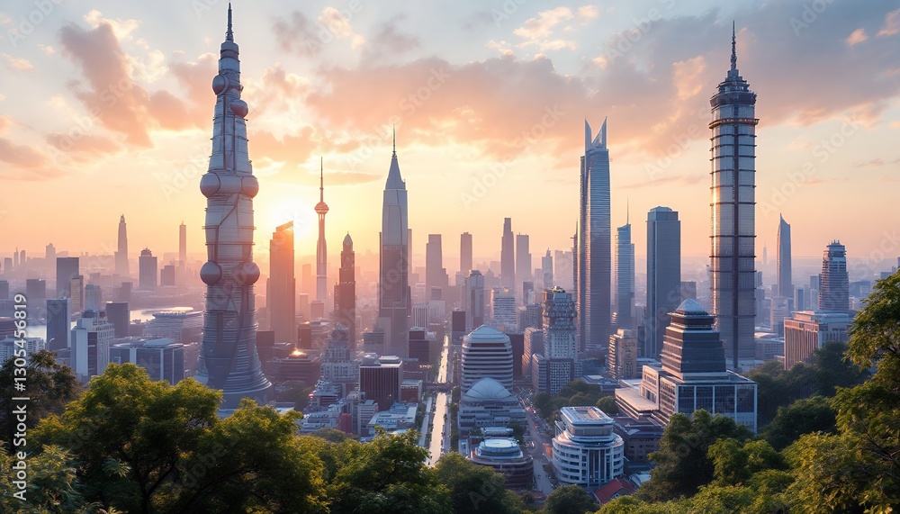 Obraz premium futuristic-cityscape-sunset-urban-skyline