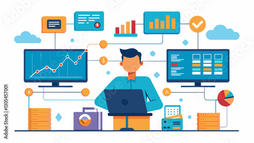 With the ability to process vast amounts of data in mere seconds financial market algorithms are the ultimate multitaskers.. Vector illustration