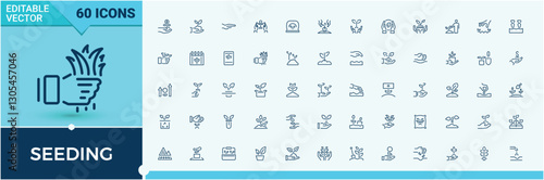 Seeding vector icon set. Featuring water, garden, drop, grass, environment, gardening and more. Pixel perfect. Editable vector stroke.