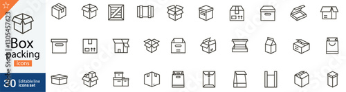 Box Packing Line Icons Set. Collection of 30 outline icons representing packaging, shipping, logistics, parcel delivery, and storage solutions. Editable stroke vector illustration.