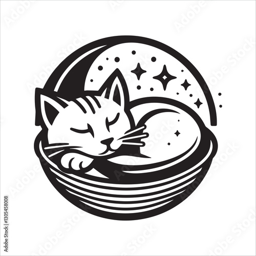 Sleepy Cat Napping in a Bowl. A black and white illustration of a cat nestled comfortably in a bowl, appearing to be asleep.