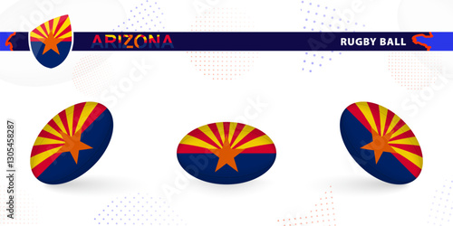 Rugby ball set with the flag of Arizona in various angles on abstract background.