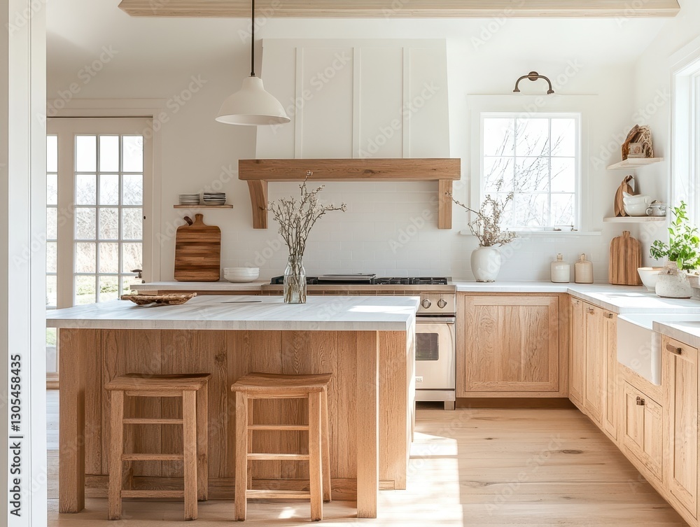 Interior view of a well lit modern kitchen with wooden accents Interior view of a well lit modern kitchen with wooden accents