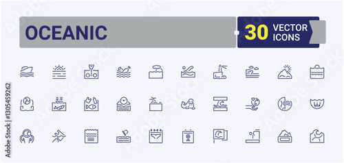 Oceanic icon set. Icons nautical, diving, animal, ocean, surfing, underwater and more. Line with editable stroke. Collection of simple line web icons.