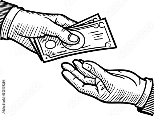 Hands exchanging cash in a financial transaction illustration.