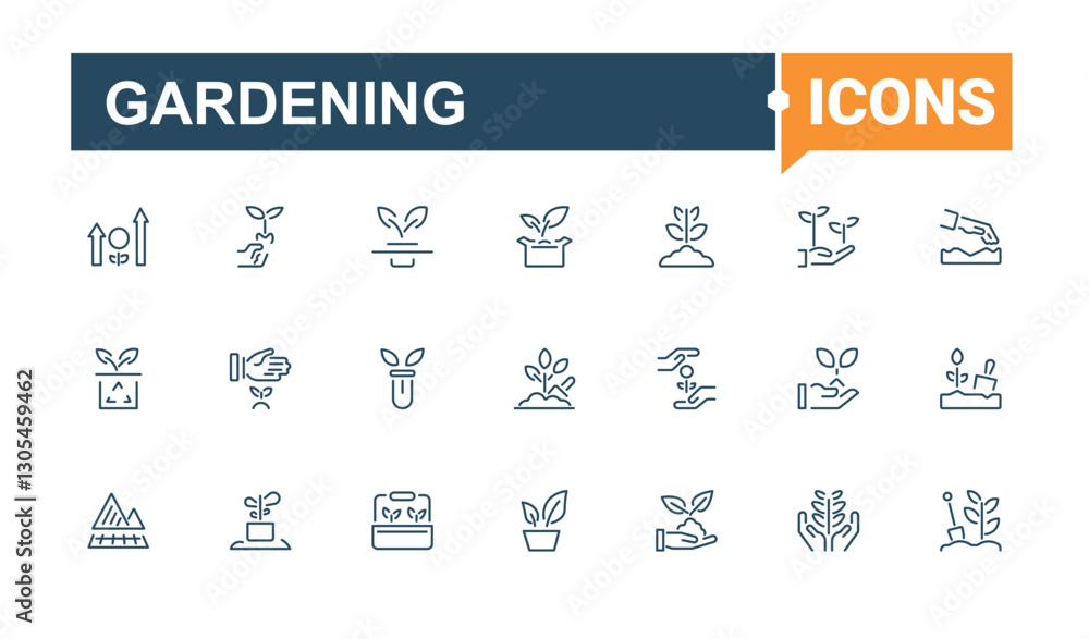 Fototapeta premium Gardening icon set. Pack of flower, branch, grass, equipment, gardening, growth, plant, garden. Line with editable stroke. Editable stroke. Vector illustration.