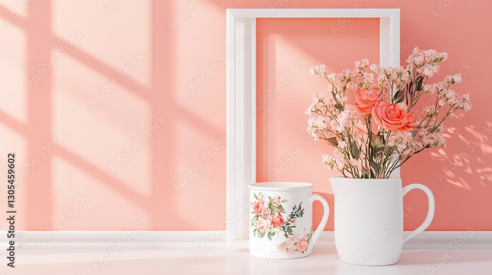 Soft ambiance with vase, water glasses, and ice bucket. A minimalist shelf display featuring a floral artwork and elegant vases, Soft ambiance with vase, water glasses, and ice bucket. A minimalist shelf display featuring a floral artwork and elegant vases,