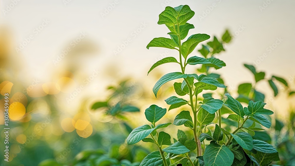 Lively green plants basking in soft sunlight during the golden hour in a serene garden setting Lively green plants basking in soft sunlight during the golden hour in a serene garden setting