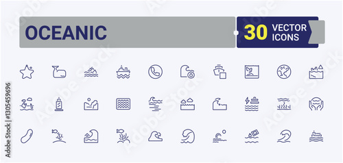 Oceanic icon set. Icons nautical, diving, animal, ocean, surfing, underwater and more. Line with editable stroke. Collection of simple line web icons.
