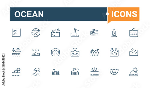 Set of Ocean line icons. Contains related to life, marine, tourism, nautical, wave and more. Simple icon designs. Minimalist editable vector stroke.