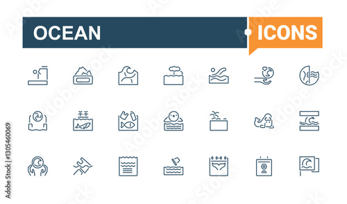 Set of Ocean line icons. Contains related to life, marine, tourism, nautical, wave and more. Simple icon designs. Minimalist editable vector stroke.