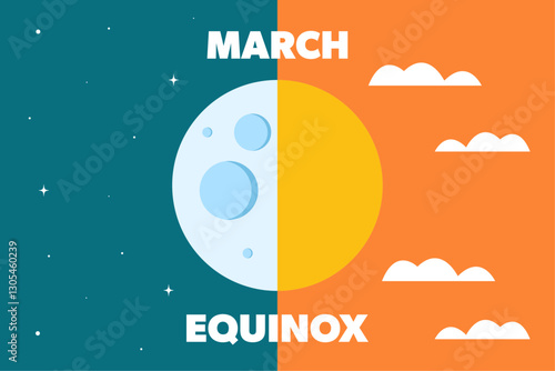 March equinox, day and night in perfect balance. Half night, half day. Moon, sun, clouds. Vector illustration.