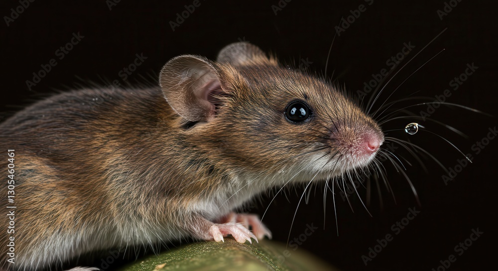 Close-up of Brown Mouse with Droplet on Whisker Against Dark Background Close-up of Brown Mouse with Droplet on Whisker Against Dark Background