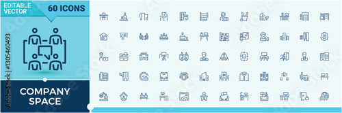 Company Space icons set. It contains symbols to office, desk, communication, table, people, team, man and more. Set of line pictogram. Vector icons editable stroke.