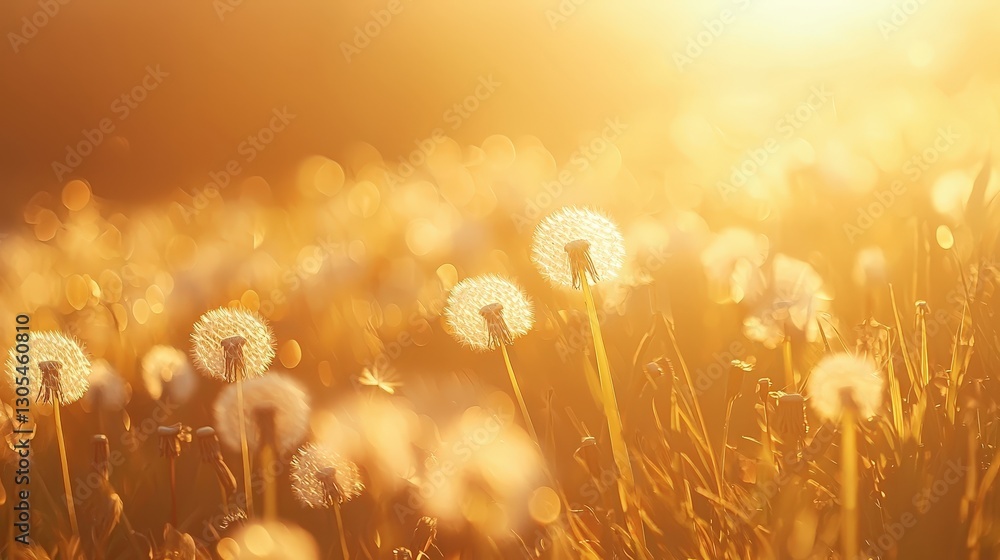Fototapeta premium Dandelion field bathed in golden light, embodying hope and new beginnings. Ideal for nature, spring, inspirational, and wellness content.