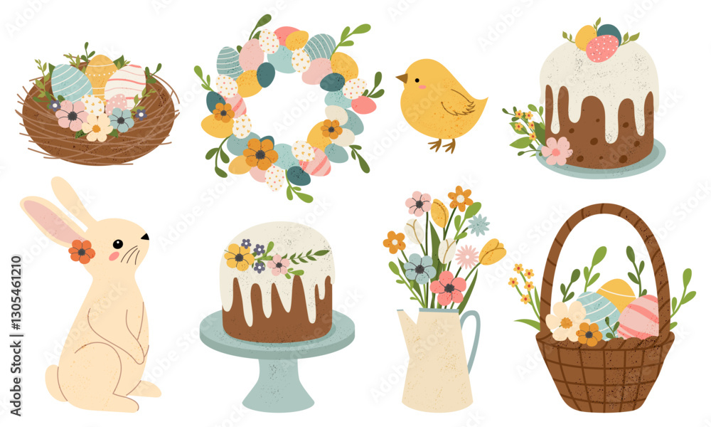 Fototapeta premium Easter set with painted eggs, rabbits, chickens, flowers, cakes. Easter and spring elements. Vector illustration. 