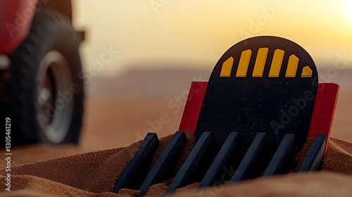 Close-up of a vehicle's shovel attachment resting on sandy terrain during sunset in a desert