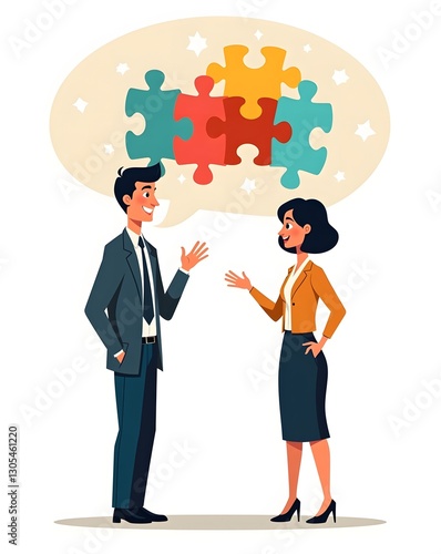 A colorful, animated illustration of a man and woman in a business setting. Both are smiling and dressed in professional attire