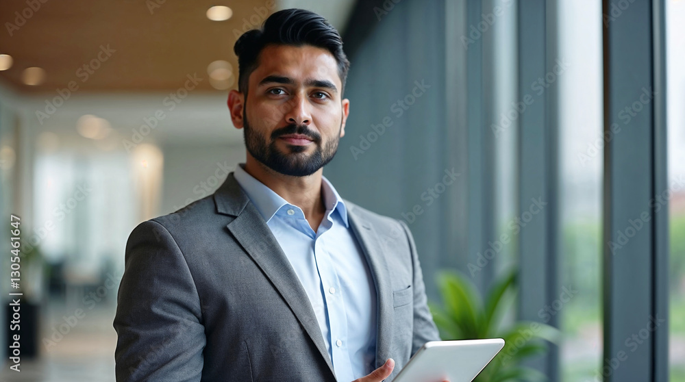 Fototapeta premium Confident Young Businessman Holding Tablet Professional, Success, Corporate Leadership, Business man, suit Business man, Generative ai
