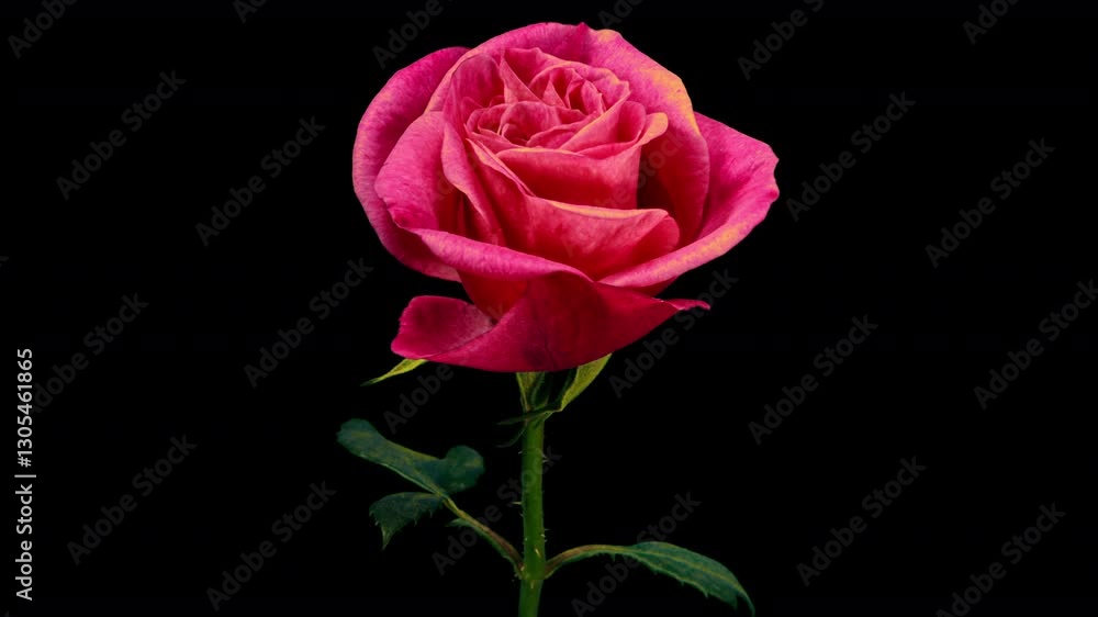 Pink Rose with Yellow Edges on Petals Plant Blooming Flower in Time Lapse on a Black Background. Single Red Flower Opens Bud and Moving Petals in Timelapse Pink Rose with Yellow Edges on Petals Plant Blooming Flower in Time Lapse on a Black Background. Single Red Flower Opens Bud and Moving Petals in Timelapse