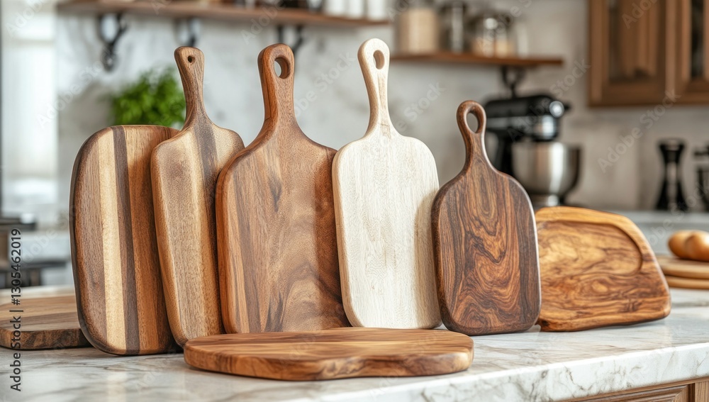Collection of Elegant Wooden Cutting Boards in a Rustic Kitchen Setting Collection of Elegant Wooden Cutting Boards in a Rustic Kitchen Setting