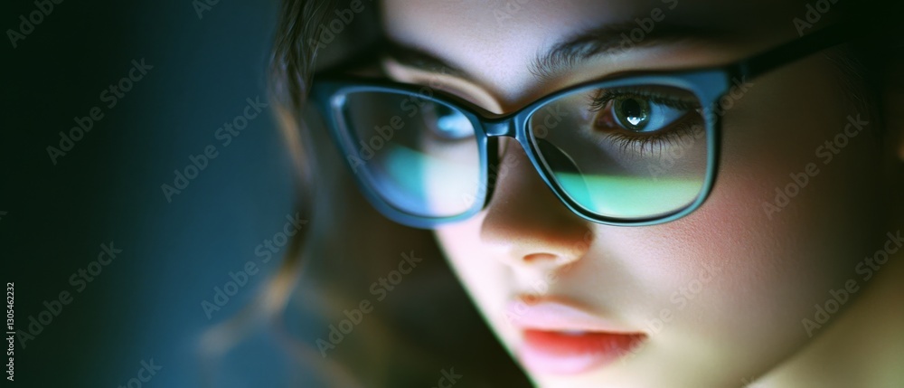 A young person with glasses intensely focuses, illuminated by a soft glow reflecting on the lenses, capturing concentration and contemplation. A young person with glasses intensely focuses, illuminated by a soft glow reflecting on the lenses, capturing concentration and contemplation.